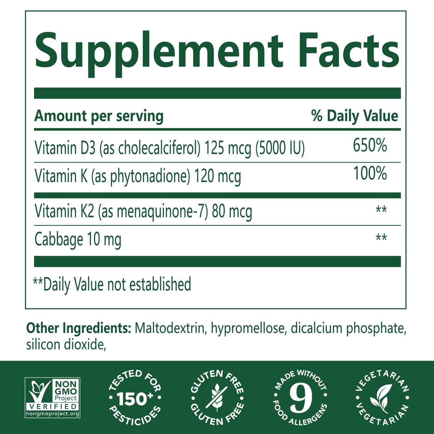 Vitamin D3 5000 IU (125 mcg) plus K & K2